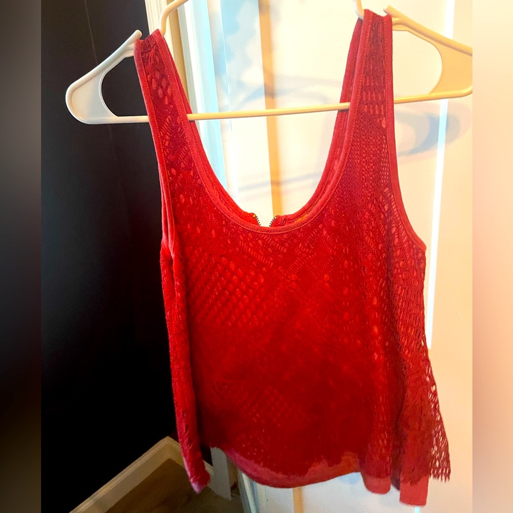 Red top with crochet/lace overlay